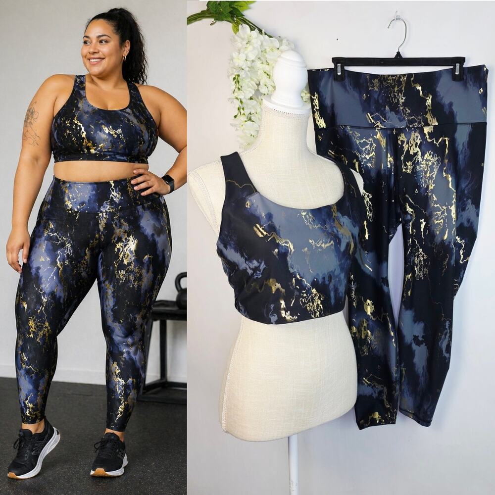 Old Navy Set Leggings Sports Bra Powersoft Plus XXL Marble Blue Gold Gym